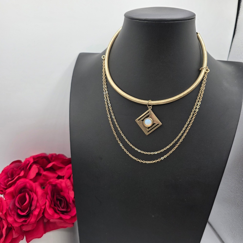 American Eagle Gold Tone Layered Collar Necklace Faux Opal Square Pendant Boho